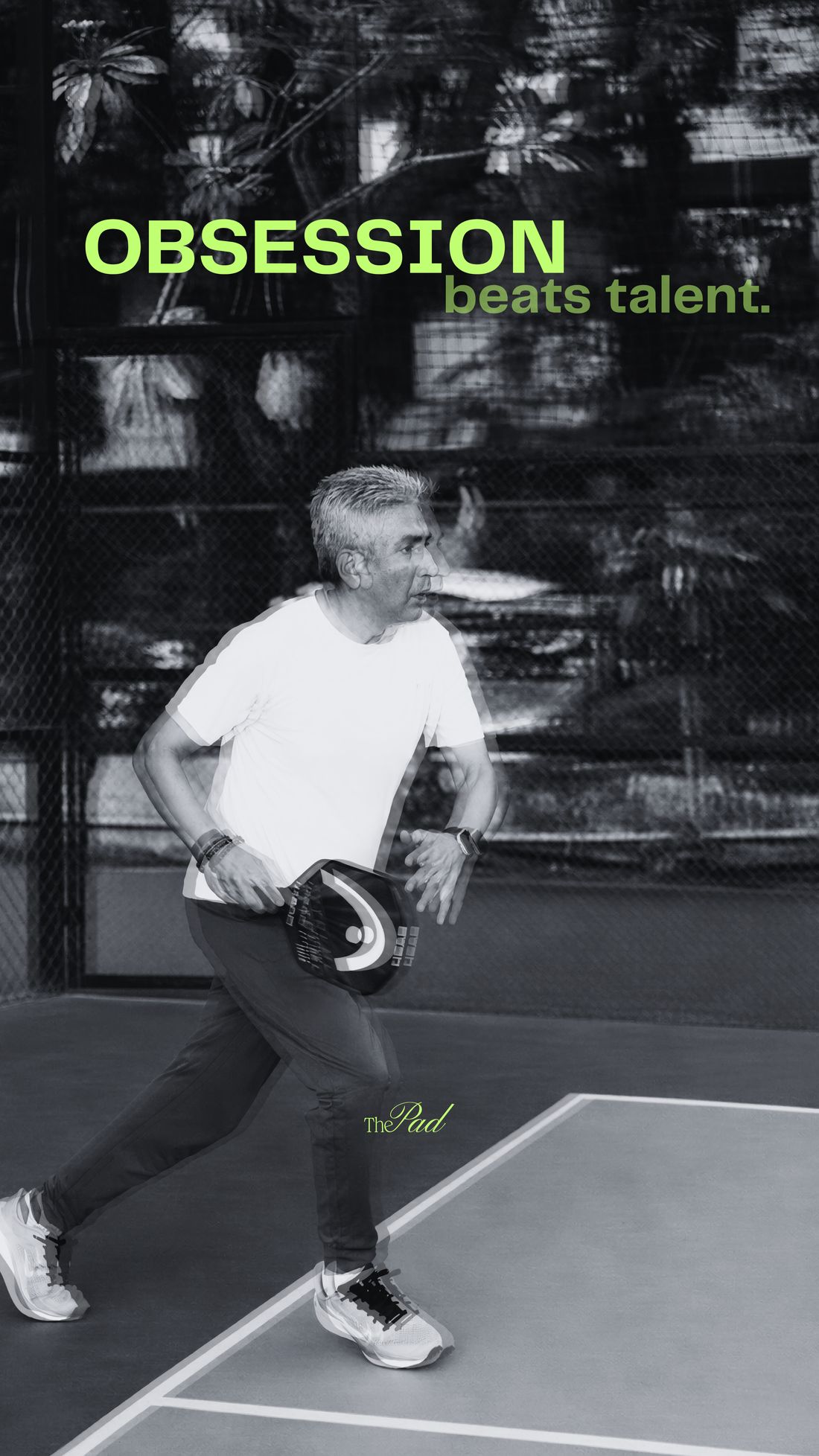 Black-and-white player mid-movement with the words Obsession beats talent in lime type
